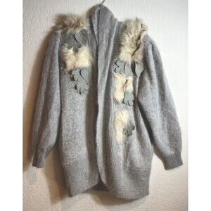 POSITIVE IMAGE Vtg 80s Grey Mohair Wool Rabbit Fur Patches Cardigan-Bust 44” L